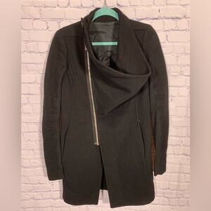 Rick Owens Eileen Cashmere & Wool Funnel Coat Black Size 6 Preppy Quiet Luxury